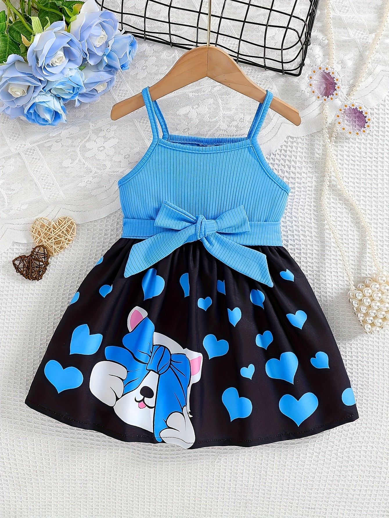 Spring/Summer Kids' Casual Camisole Dress with Cute Cat Print, Comfortable Long Sleeve Sweet Fashion Dress + Belt for Little Girls