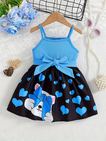 Spring/Summer Kids' Casual Camisole Dress with Cute Cat Print, Comfortable Long Sleeve Sweet Fashion Dress + Belt for Little Girls