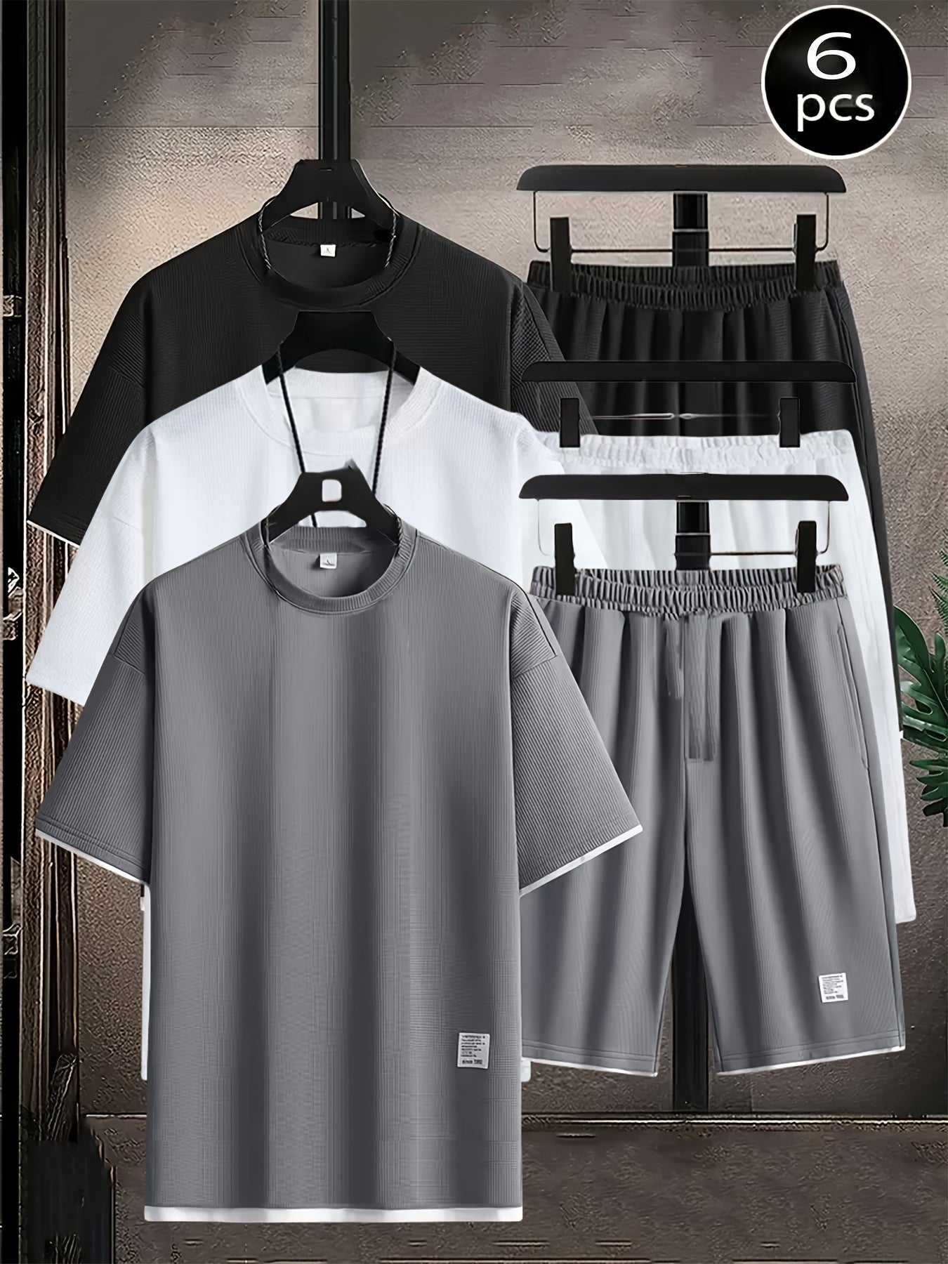6pcs Waffle Knit Men's Loungewear Set: Soft and Comfortable Short-Sleeve Top + Shorts Pajama Set, Short Sleepwear Combo with Elastic Waist, Suitable for Wearing Outdoors