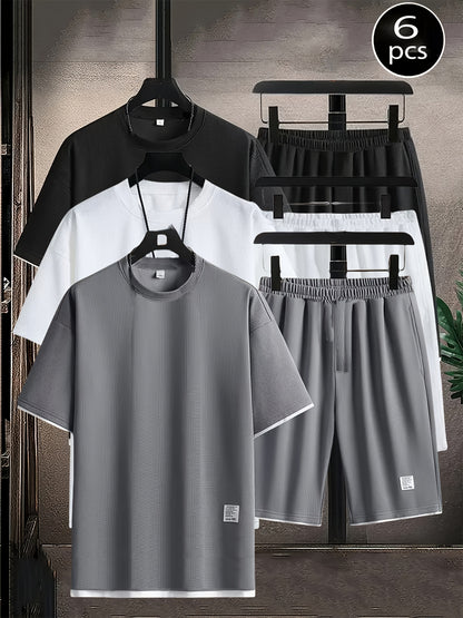 6pcs Waffle Knit Men's Loungewear Set: Soft and Comfortable Short-Sleeve Top + Shorts Pajama Set, Short Sleepwear Combo with Elastic Waist, Suitable for Wearing Outdoors