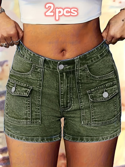 2pcs Women's Stretch Denim Shorts with Cargo Pockets & Built-In Zipper - Mid-Stretch Machine-Washable Durable Washed Denim Shorts Suitable for Fitness, Casual Wear, Spring/Summer Shorts, Cargo Shorts for Outdoor Activities, Gym Shorts