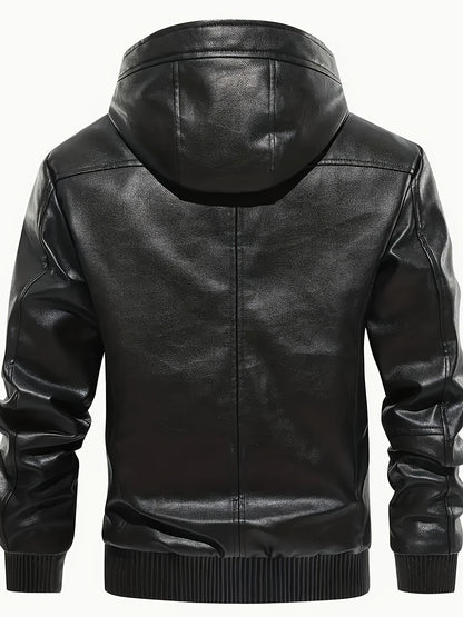 Men's Solid Color PU Faux-Leather Hooded Jackets, Trendy Thick Jacket for Spring Autumn