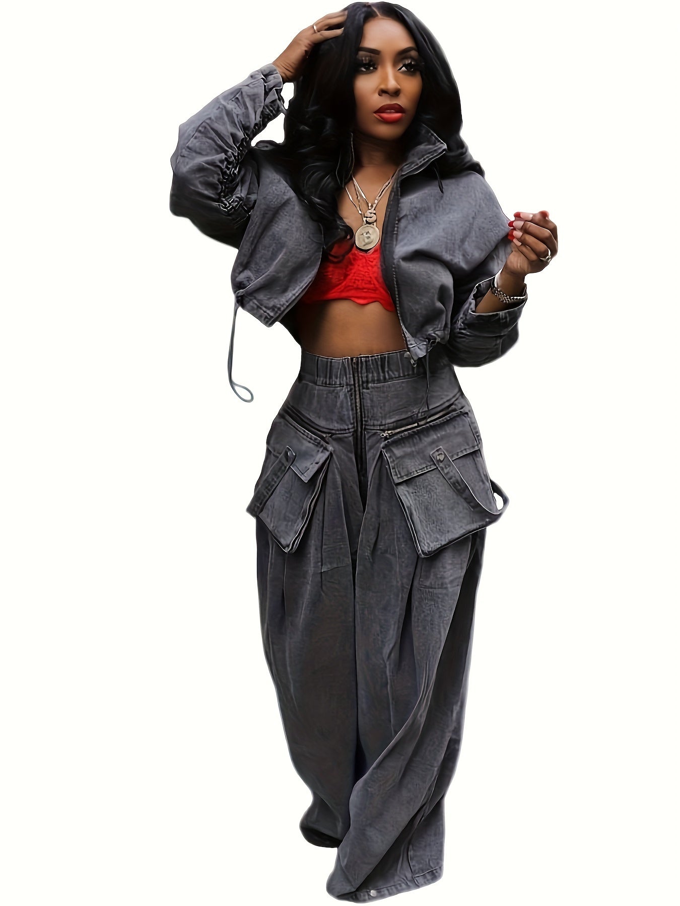 Womens Two Piece Sets Denim Outfit Ruched Long Sleeve Zip Up Cropped Jean Jacket Wide Leg Pants Chic Set