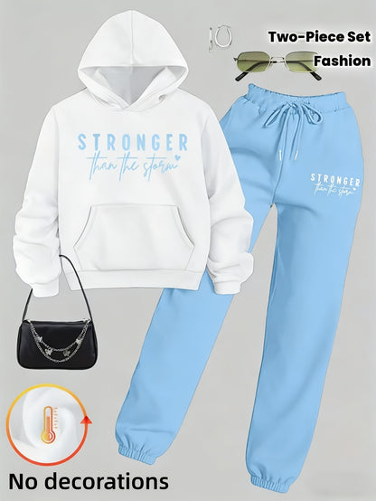 Women'S 2025 Trendy Motivational "Stronger Than The Storm" Two-Piece Hoodie Set - Fall Winter Cozy Warm Oversized Lazy-Chic Casual, Daily Streetwear Lounge Outfit, Plus-Size Figure-Flattering Soft Matching Two-Piece Set
