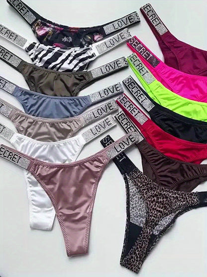 5pcs of Alluring Thongs for Women, Adorned with Rhinestones, Featuring a Low-Rise Design. These Soft And Breathable Panties Offer Comfort And Good Elasticity, Making Them Ideal for Everyday Wear, Sports