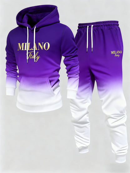 2pcs Men's Gradual Change Hooded Tracksuit - Winter Gradual Change /purple//black/ Tracksuit, Soft Jogging Suit with Hood and Pockets, Casual Street Fitness Suit (machine Washable) Christmas Gift