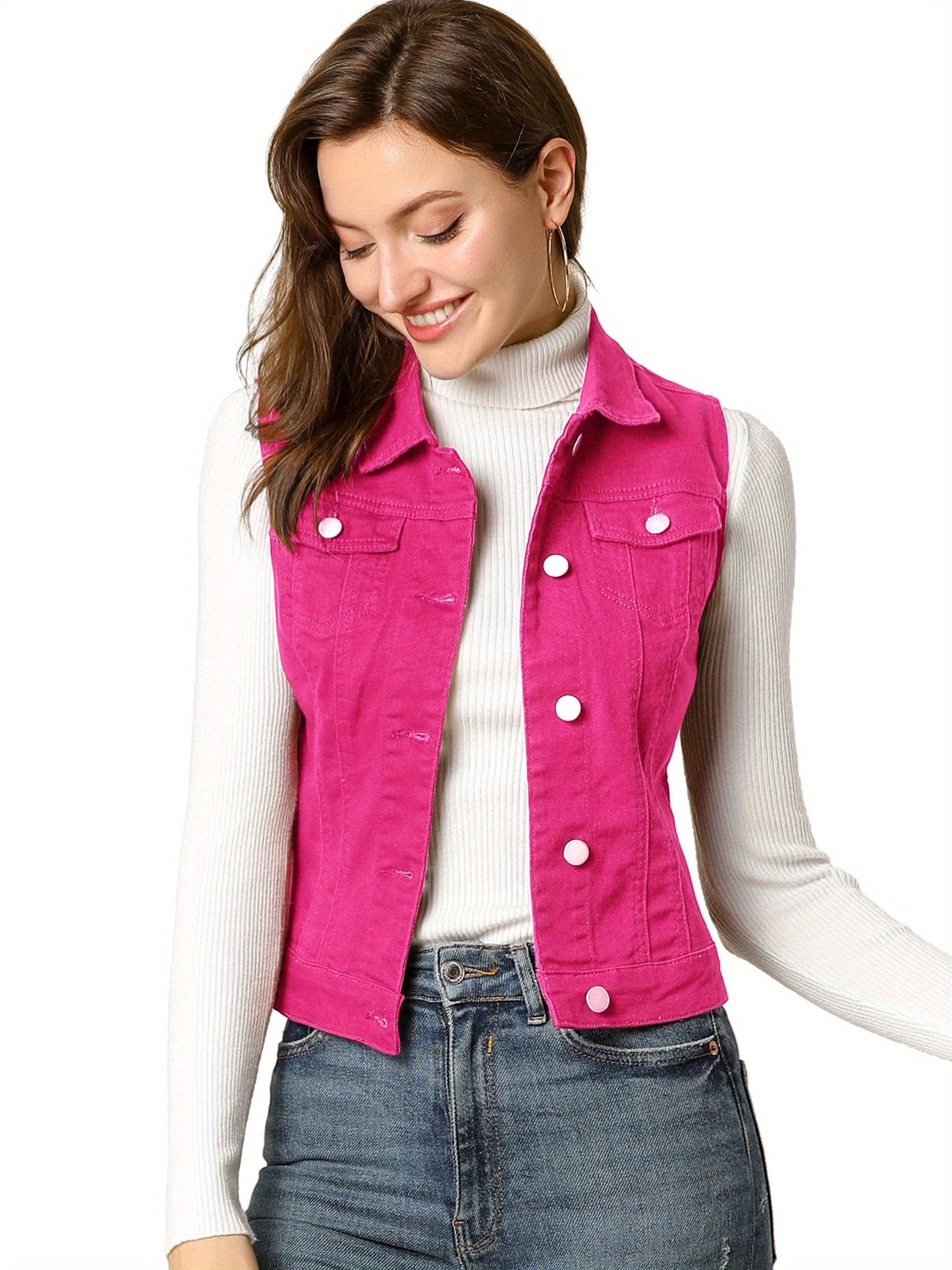 Women's Buttoned Washed Denim Vest Jacket W Chest Flap Pockets