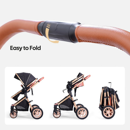 Cochildor Foldable Baby Stroller, Shock Absorption & All-Terrain Tires, Reversible Forward-Facing Push Adjustable Handlebar Large Sun Canopy Storage Basket, Lightweight Durable Polyester Frame, for Travel Shopping Park, Grey/Blue/Black