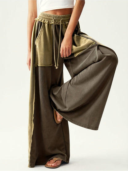 BOHO Ladies' Casual Patchwork Color Loose Wide-Leg Washed Pants