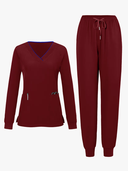 2pcs Women's V-Neck Matte Suit with Long Sleeve Stretch S Uniform Work Clothes Washable Pockets Breathable Elastic Top And Waist Cord Pocket Pants Set