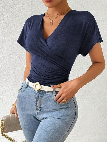 [V-Neck Ruched Solid Color T-Shirt] Solid Color Cross V-Neck Ruched T-Shirt, Casual Short Sleeve Slim T-Shirt for Spring & Summer, Women'S Clothing