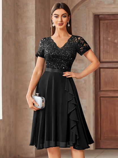 24224 Elegant Womens Sequin Lace Chiffon A Line Bridesmaid Dress, V Neck Short Sleeves, Ruched Ruffle Hem, Perfect for Graduation Season, Wedding Season, Summer Wedding Guest, Evening Party, Cruise Party And Birthday Celebration