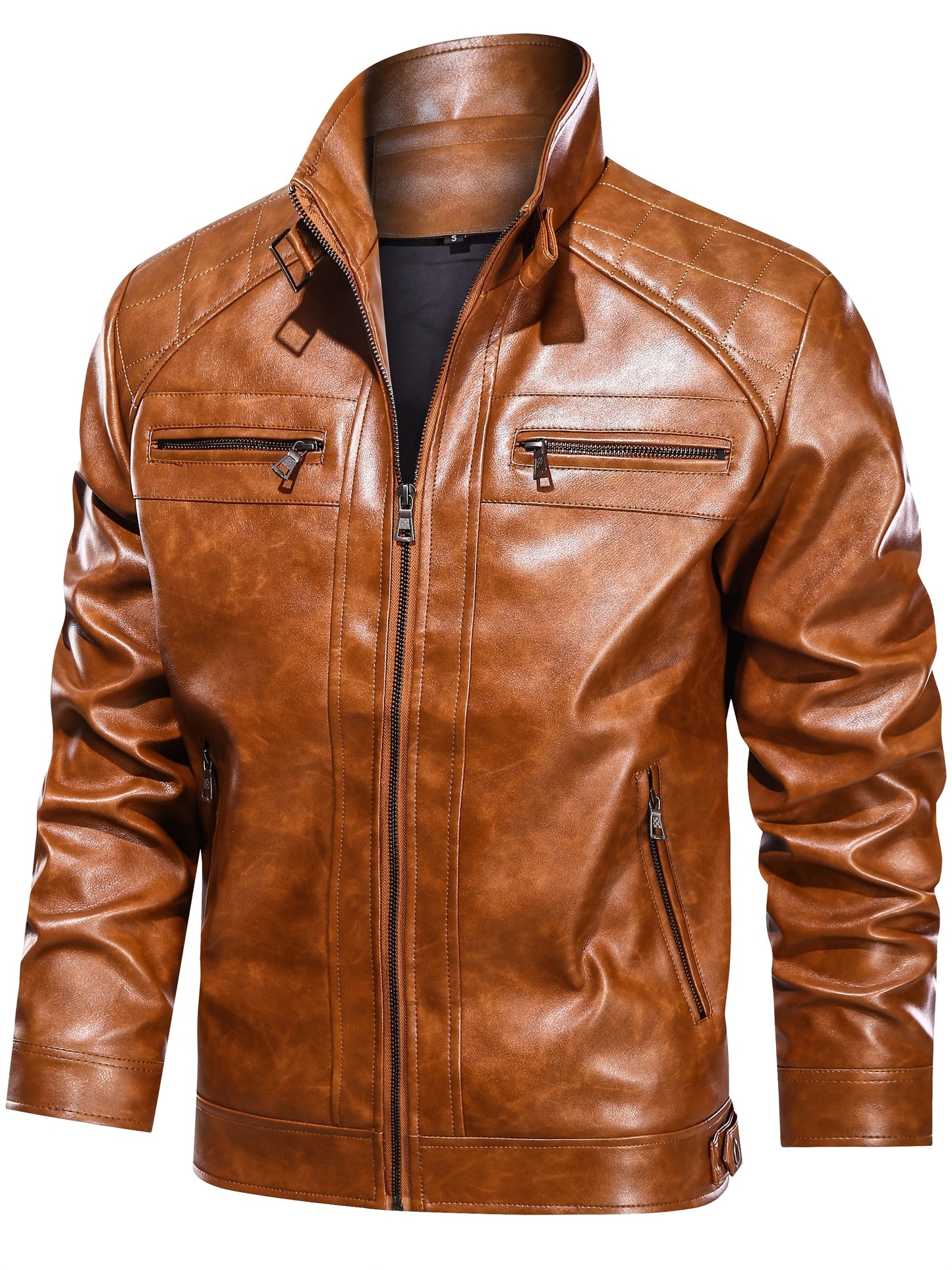 Men's Stand Collar PU Leather Jacket Lightweight Faux PU Leather Motorcycle Casual Jacket