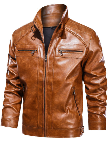 Men's Stand Collar PU Leather Jacket Lightweight Faux PU Leather Motorcycle Casual Jacket