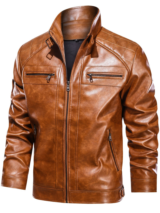 Men's Stand Collar PU Leather Jacket Lightweight Faux PU Leather Motorcycle Casual Jacket