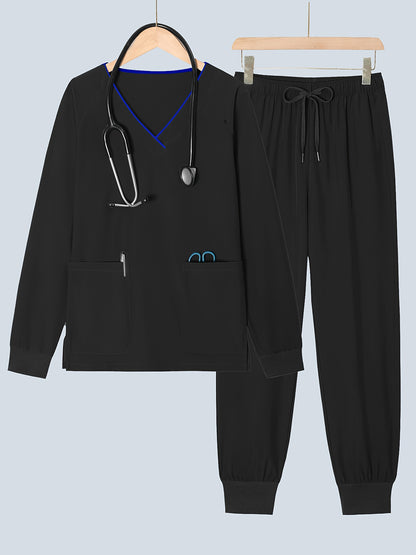2pcs Women's V-Neck Matte Suit with Long Sleeve Stretch S Uniform Work Clothes Washable Pockets Breathable Elastic Top And Waist Cord Pocket Pants Set