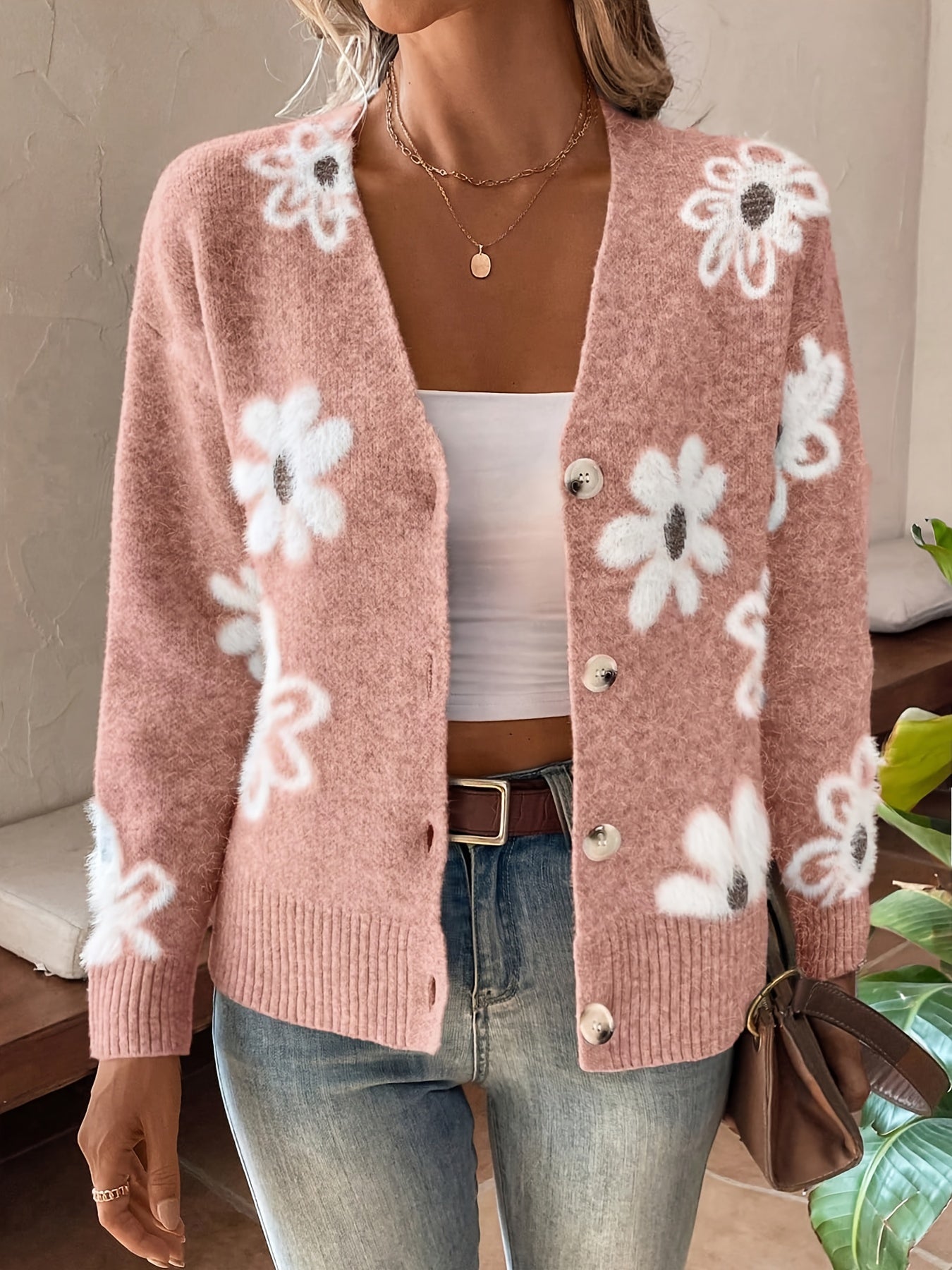 Women's Printed Button Cardigan V-neck Drooping Shoulder Coat