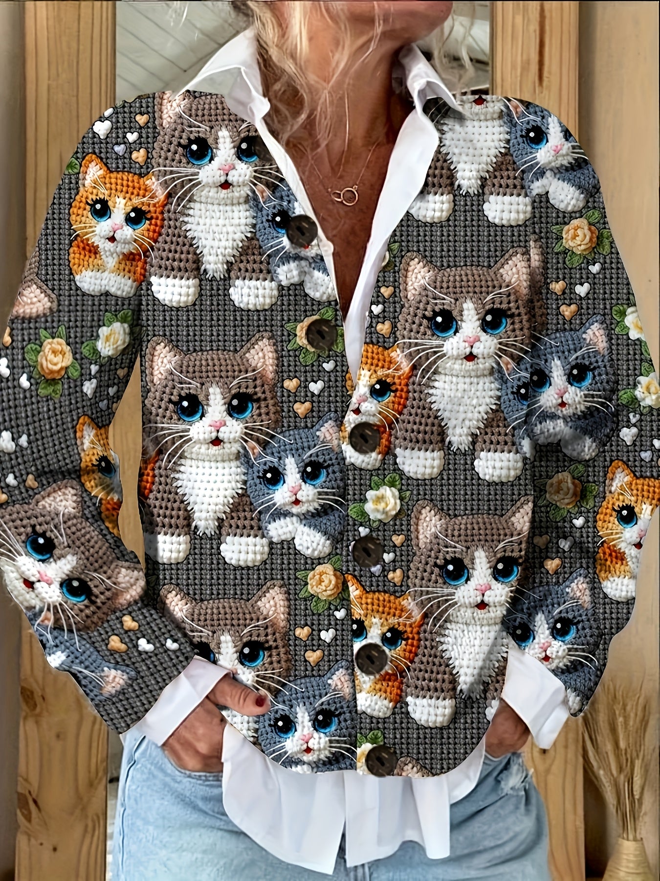 2025 Women's Long Sleeve 3D Printed Crochet Cat Print Cardigan Sweater in Youthful Style