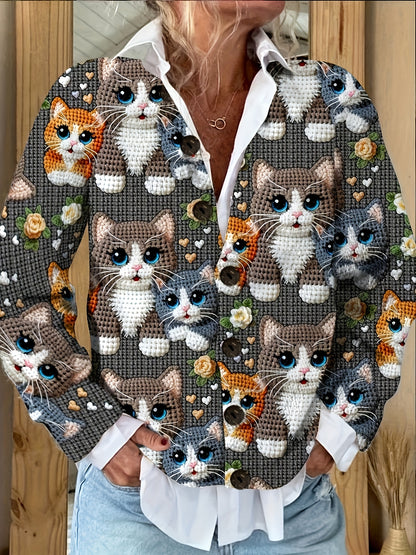 2025 Women's Long Sleeve 3D Printed Crochet Cat Print Cardigan Sweater in Youthful Style