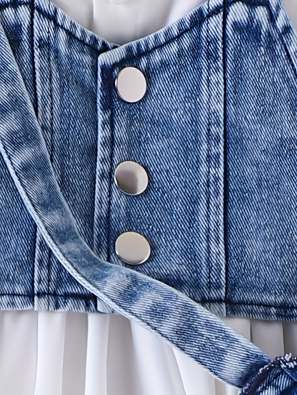 Three-Piece Baby Girl Set: Denim Short Vest Jacket + Plain Notched Neck Bubble Short-Sleeve Belted Dress + Bow-Decorated Denim Crossbody Bag, for Outdoor