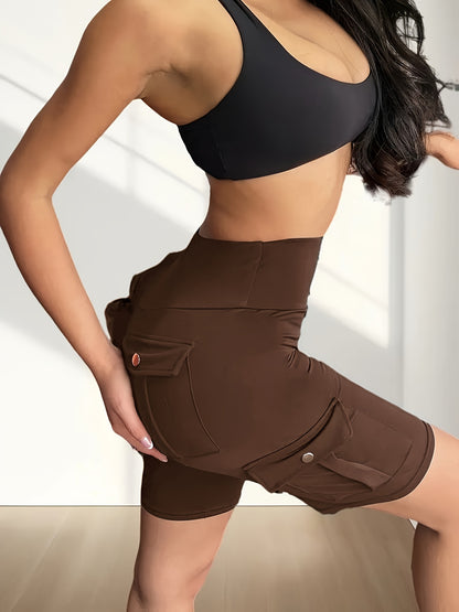 High Waist Women's Solid Color Sports Yoga Tooling Shorts with Pocket Design