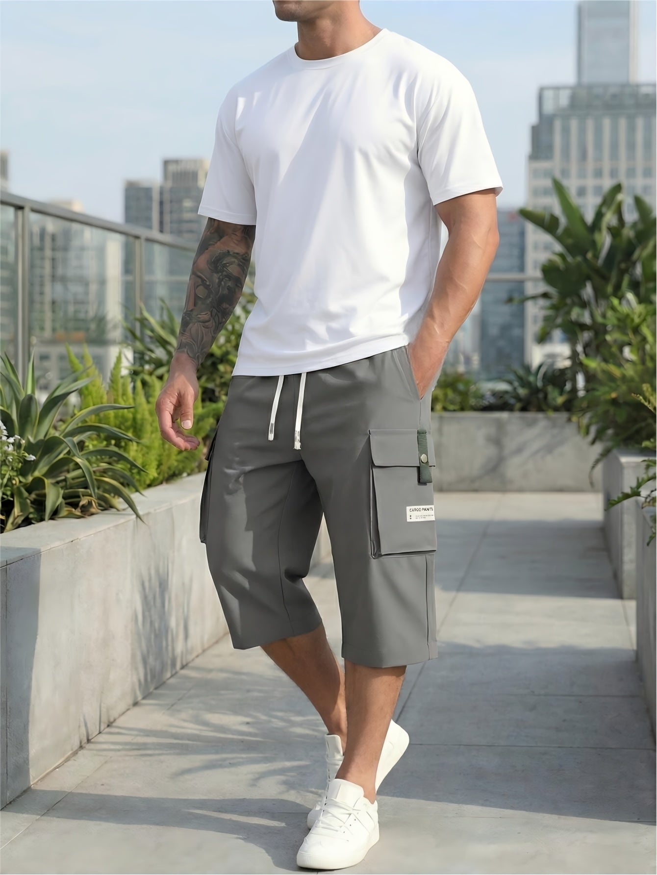 3-Pack-Men'S Cargo Shorts Ripstop Fabric With Multiple Pockets, (Includes Wristband), Adjustable Waist & 3/4 Length For Outdoor Travel, Sports, Casual Wear (Black, Grey, Khaki)