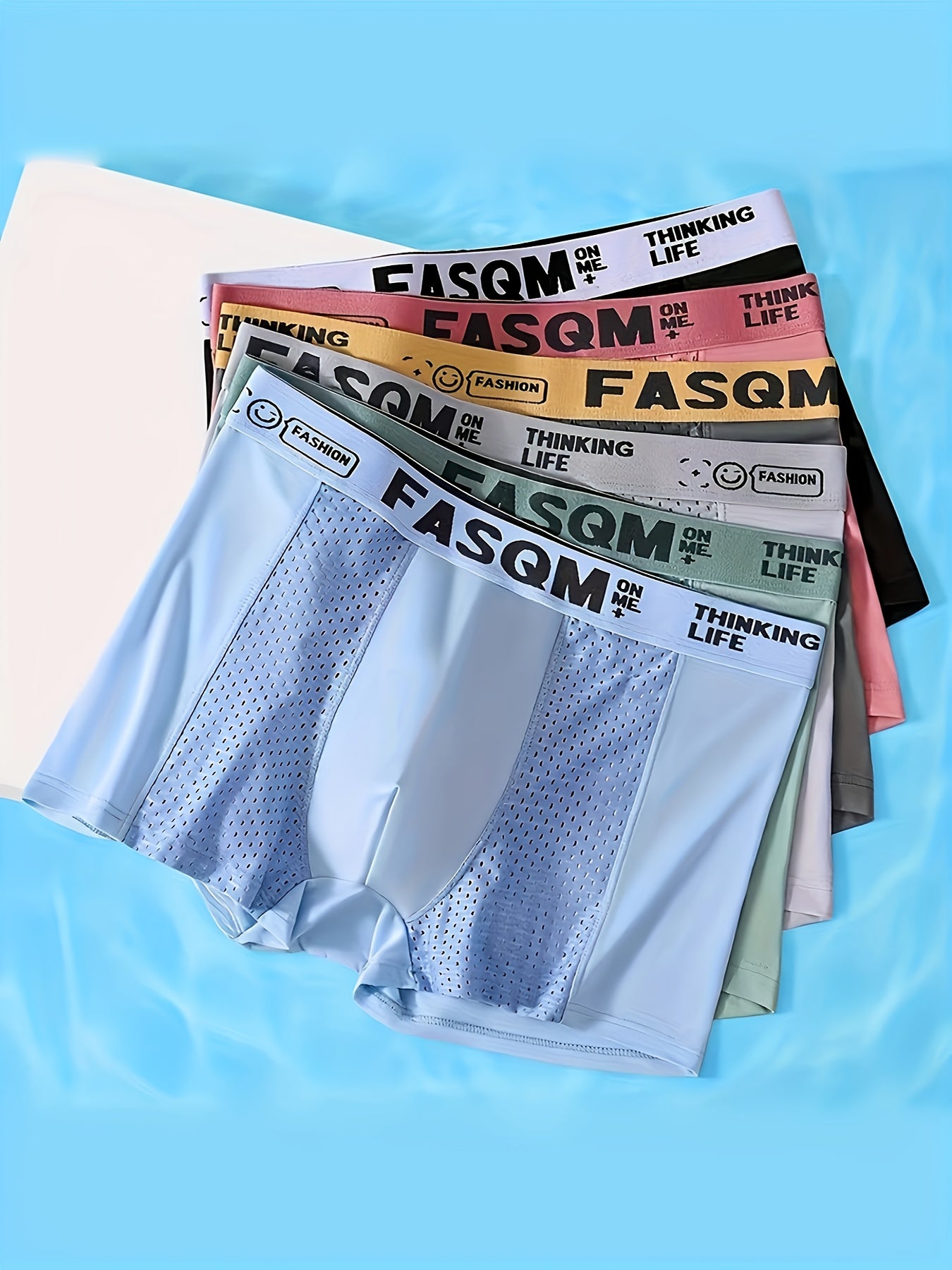 Random Set Of 6 Men's Stylish And Comfortable Boxer Briefs, Featuring Breathable Mesh Patches And Stretchy Fabric. Available In Casual Solid Colors Like Green, Sky Blue, Black, And Deep Gray, with A Contrasting Letter Print On The Waistband.