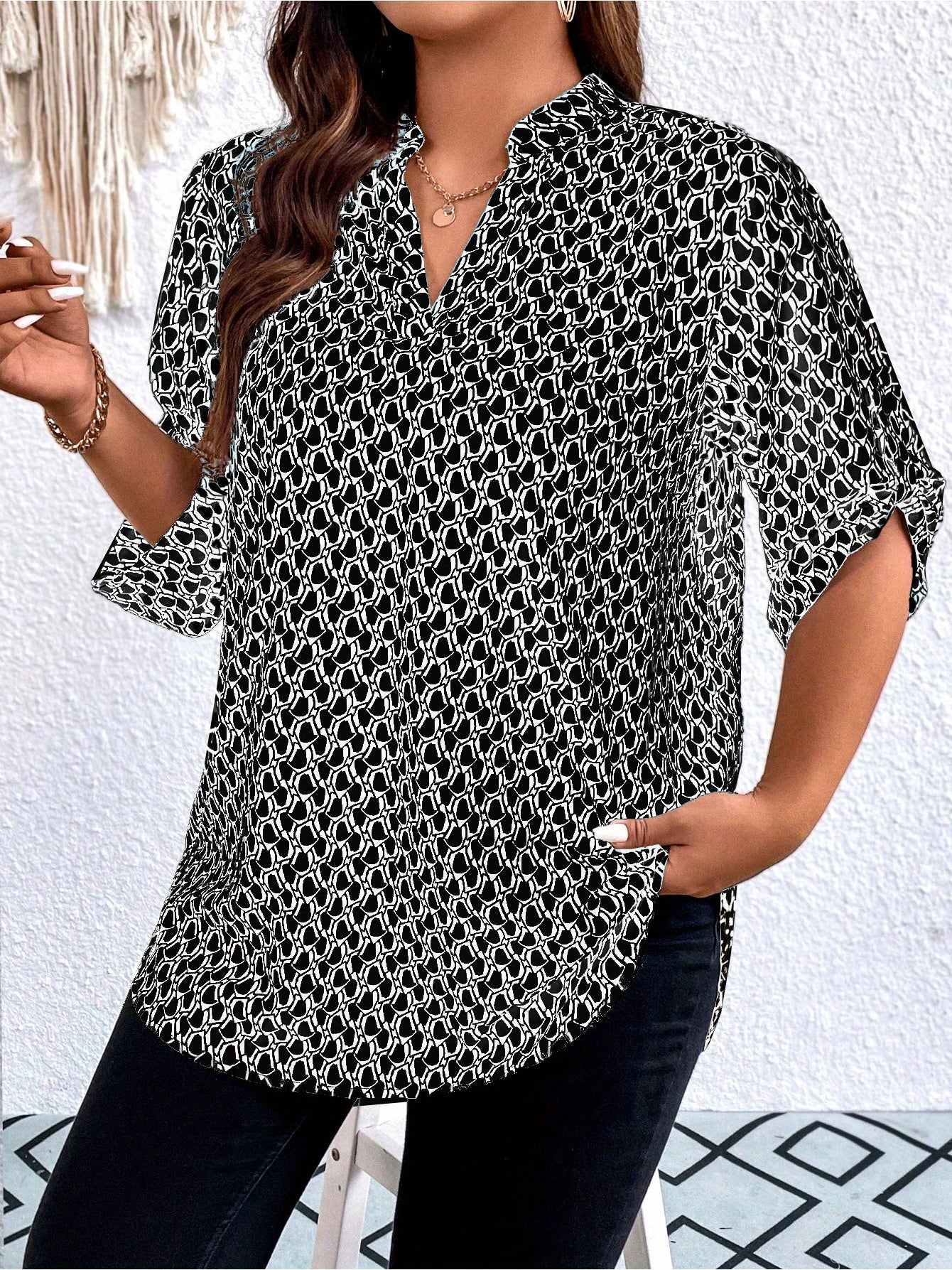 Plus Size, Plus Size Casual Top, Women's Plus Size Allover Print Roll Sleeve Split Neck Tunic Top