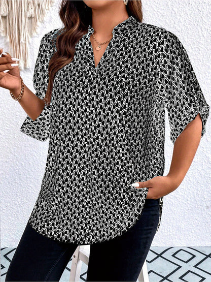 Plus Size, Plus Size Casual Top, Women's Plus Size Allover Print Roll Sleeve Split Neck Tunic Top