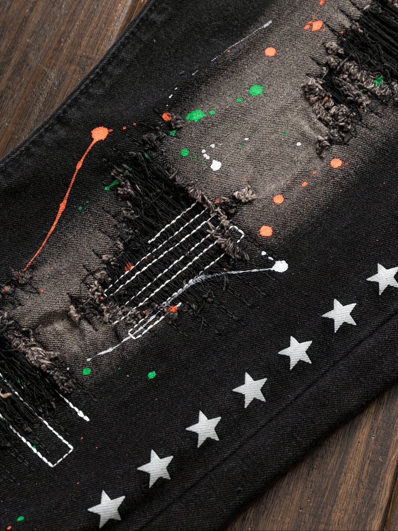 Men'S Casual Versatile Street Fashion Style Splashed Ink Star Hole Printed Jeans