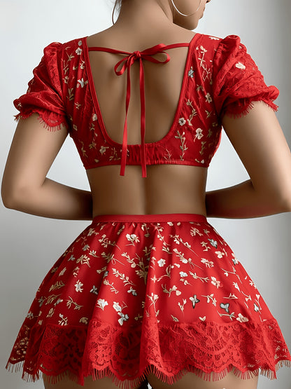 Sexy Sweet Floral Lace 2pcs Set, Romantic Nightwear & Date Outfit For Women Who Love Feminine Style With See-Through Mesh & Ruffle Trim Detail