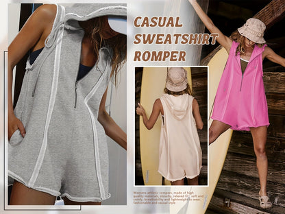 2025 Women'S Summer Casual Sleeveless Jumpsuit With Zipped Hoodie Design Loose Fit And Pockets