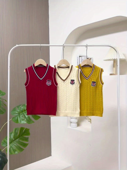 Set of 3, Knitted Undershirts for Kids Suitable for Autumn And Winter, Featuring a Collegiate Style Vest And Sleeveless Design