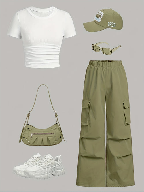 Women's Olive Polyester Short-Sleeve Pants - product view 1