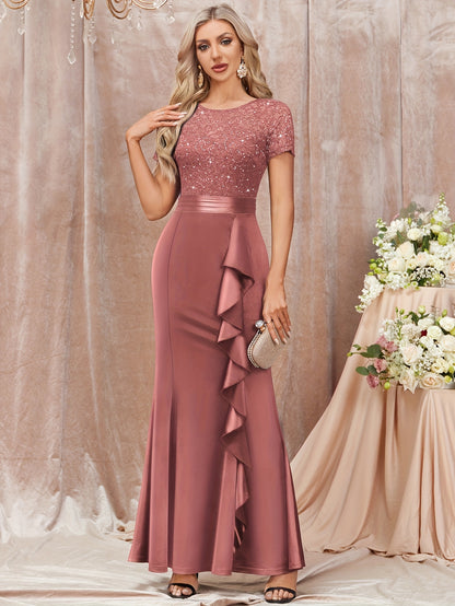 53272 Elegant Womens Sequin Lace Contrast Bridesmaid Maxi Dress, Scoop Neck Short Sleeves, Side Ruffle Detail, Satin Mermaid Hem, Perfect for Graduation Season, Wedding Season, Summer Wedding Guest, Evening Party, Summer Vacation Events And Formal