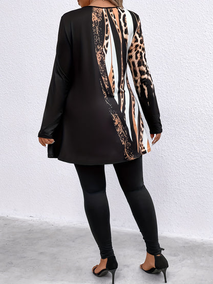 Plus Size, Plus Size 2pcs Outfits for Women Leopard Print Long Sleeve Tunic Top And High Waist Leggings Women Casual Loungewear Matching Set for Daily Wear