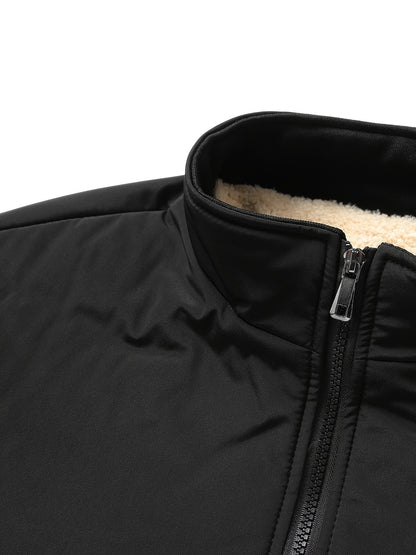 Plus Size Men's Solid Band Collar Jacket Fall Winter Fleece Warm Jacket, Men's Clothing, PLUS SIZE