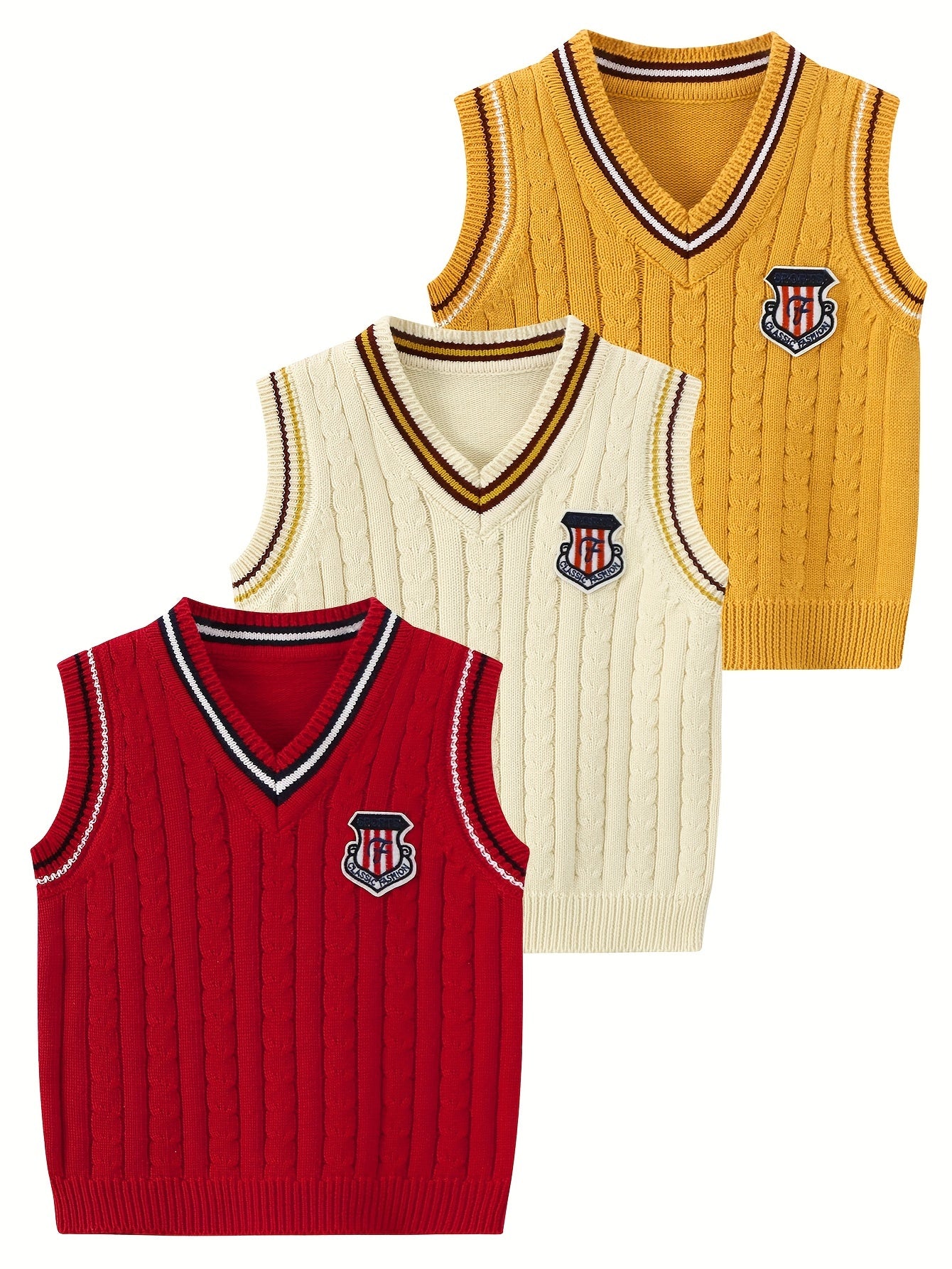 Set of 3, Knitted Undershirts for Kids Suitable for Autumn And Winter, Featuring a Collegiate Style Vest And Sleeveless Design