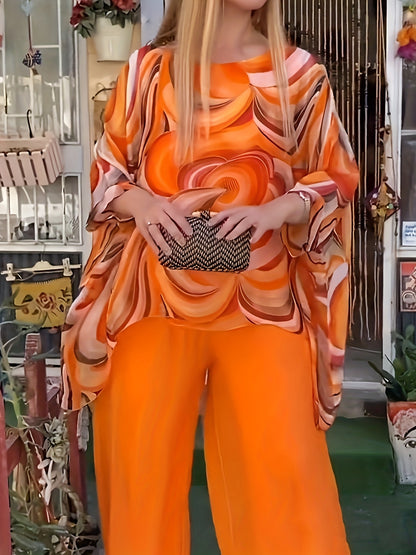 Women'S Summer Chiffon Outfit Set Floral Print Round Neck Top & Pants 2pcs Casual Loungewear 5 Color Options For Vacation, Daily Wear & Fashion