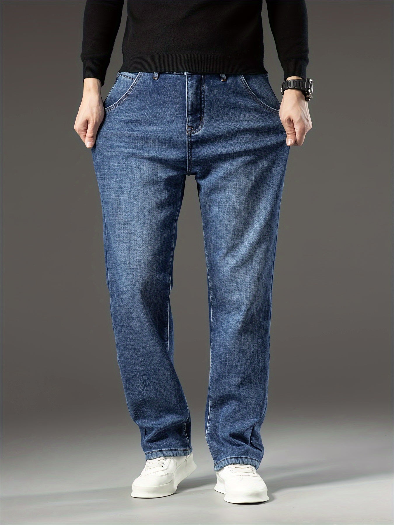 Men's Warm Fleece Stretch Jeans, Loose Casual Fleece Jeans, Straight Mid-waist Fashionable Versatile Jeans, Suitable For Daily, Business, Outdoor