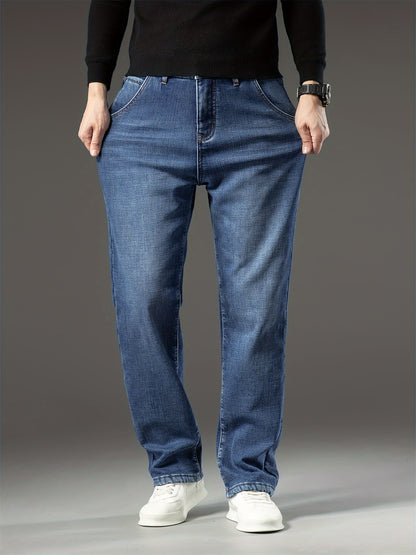 Men's Warm Fleece Stretch Jeans, Loose Casual Fleece Jeans, Straight Mid-waist Fashionable Versatile Jeans, Suitable For Daily, Business, Outdoor