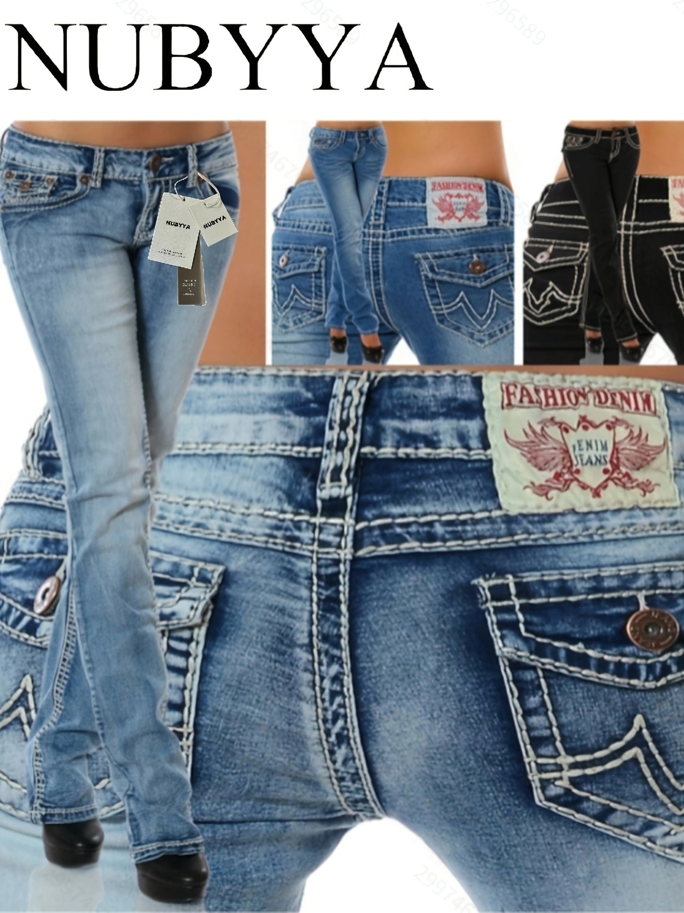 Women'S Western Style Straight Leg Jeans, Embroidered Back Pocket, Vintage Washed Stretch Denim Pants, Casual Everyday Wear