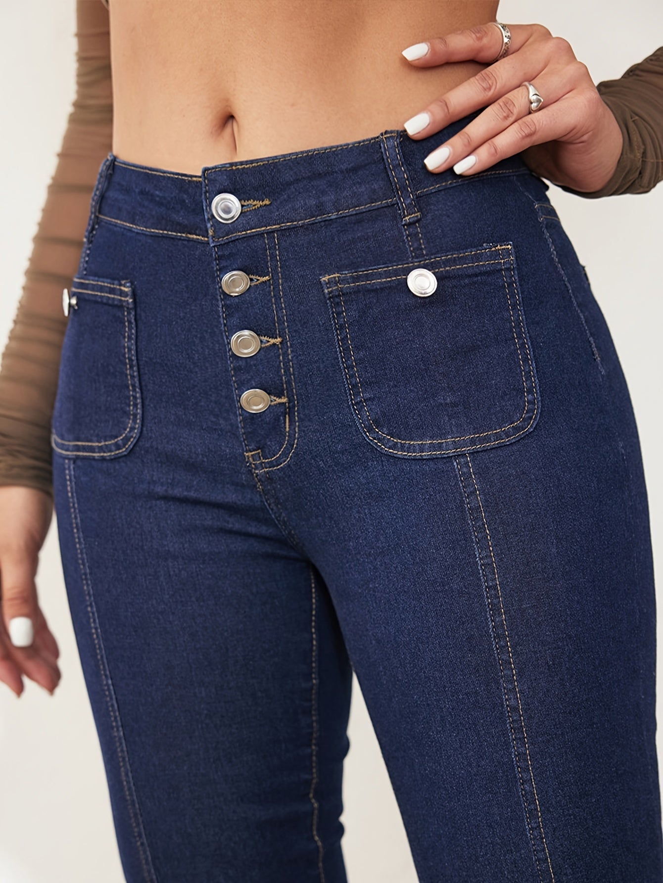 [Stretchy Denim Bell Bottom] High Waisted Wide Leg Stretchy Denim Pants - Women's Flare Bell Bottom Jeans