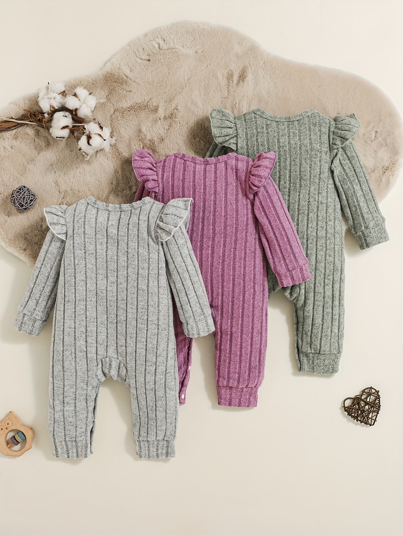 3pcs girls' autumn and winter set in pink, purple, gray, and green with round neck button-up long-sleeve jumpsuit, Perfect for Outdoor