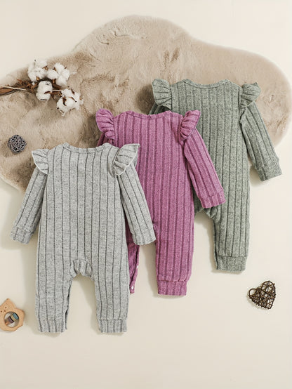 3pcs girls' autumn and winter set in pink, purple, gray, and green with round neck button-up long-sleeve jumpsuit, Perfect for Outdoor