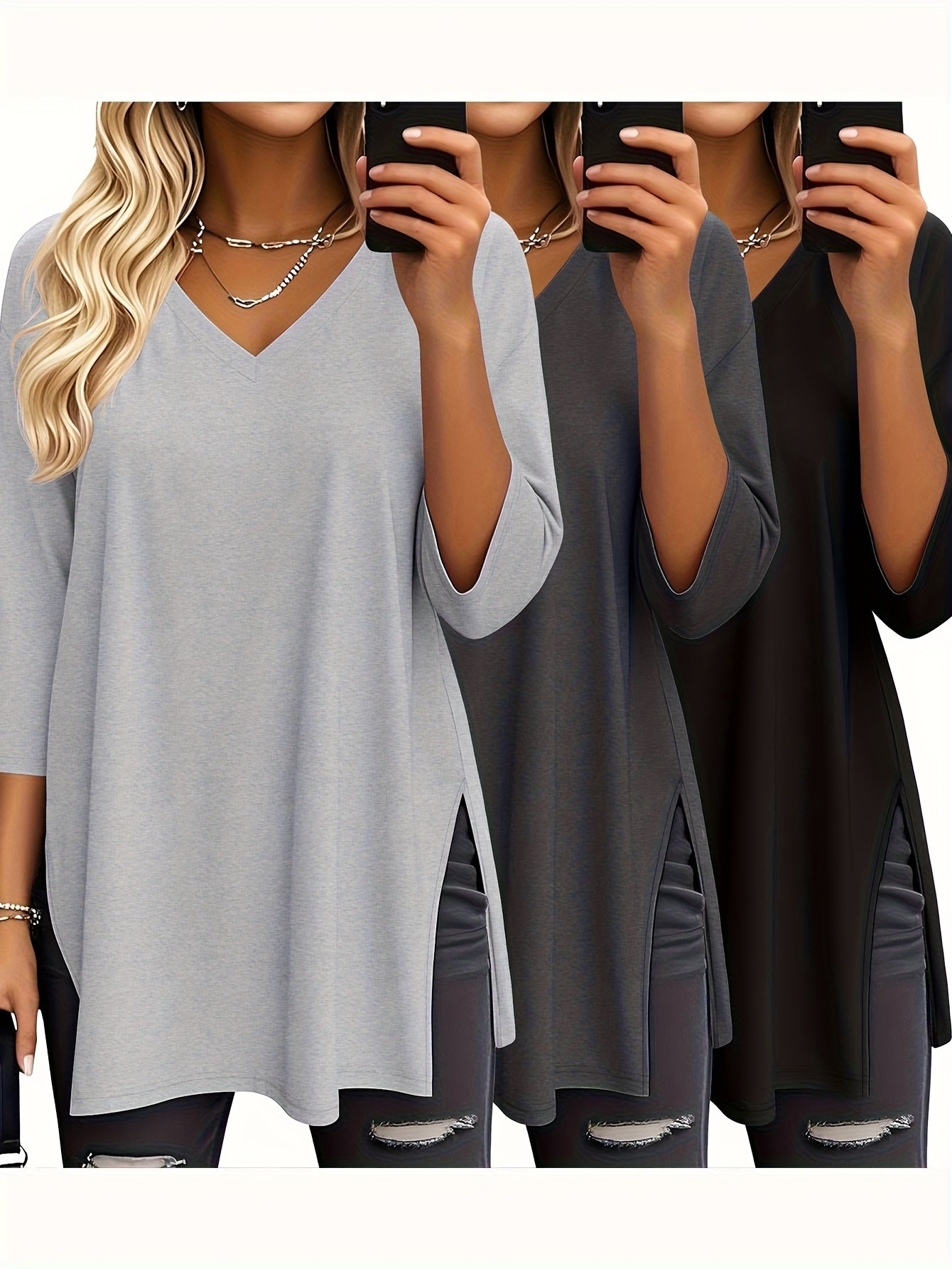 Three-piece Women's Fashion Large 3/4 Sleeve Top, V-neck y Casual Side-slit Shirt, Loose Basic Seven-quarter Sleeve T-shirt