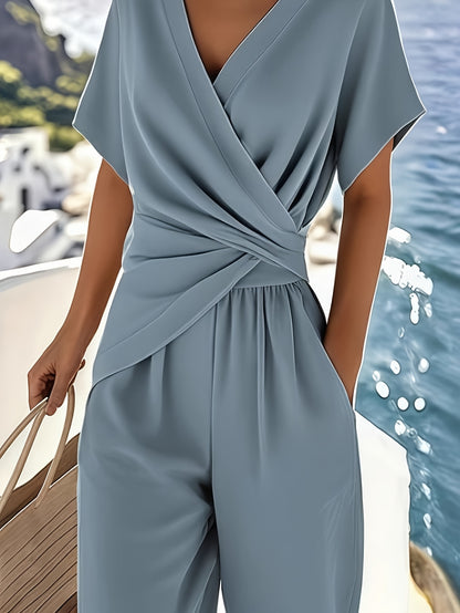 Women's 2pcs Stylish Short-Sleeve Set Summer Front Cross Tie Wide-Leg Pants Set Casual Irregular Top with Pockets Outfit Looser Fit: Order 1-2 Sizes Up.