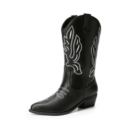 Women's Cowboy Boots Mid Calf Cowgirl Boots Embroidery Stitched Western Boots