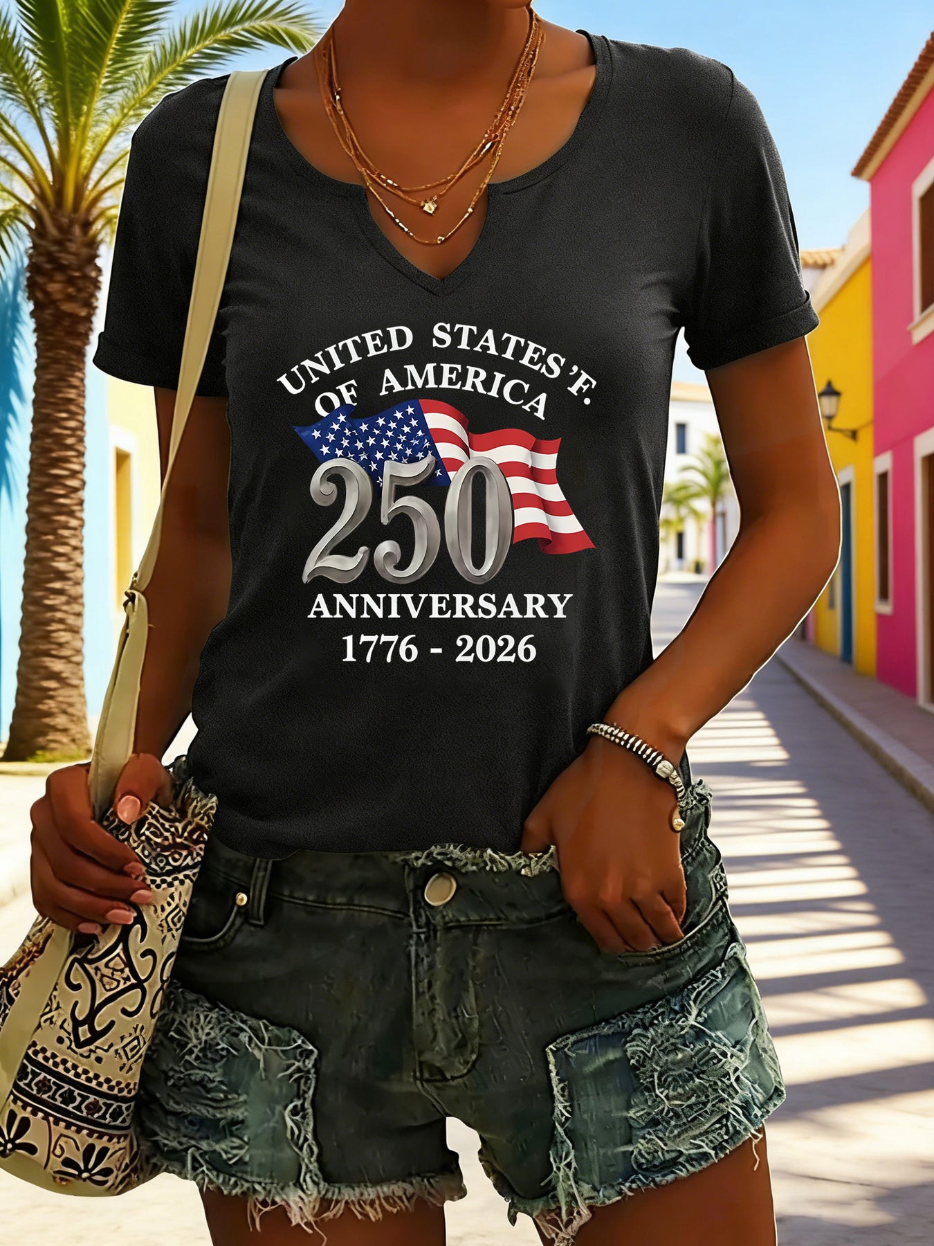 American Glory Print V-Neck Roll-Sleeve T-Shirt, Flag And Anniversary Text, Low-Key Patriotic, Women'S Basic Style, Comfortable And Versatile for Daily Commute And Commemorative Wear
