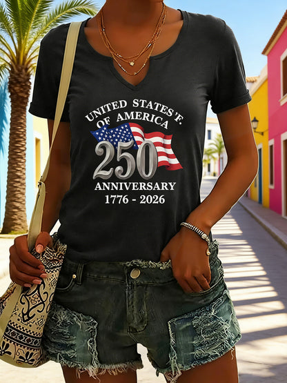 American Glory Print V-Neck Roll-Sleeve T-Shirt, Flag And Anniversary Text, Low-Key Patriotic, Women'S Basic Style, Comfortable And Versatile for Daily Commute And Commemorative Wear